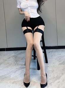 1 双性感吊带袜，女式透明蕾丝拼接撞色红色饰边不透明大腿袜，黑色紧身袜