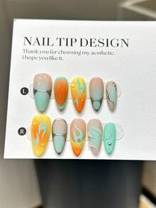 10 Pieces Of Handmade Nail Stickers, With An Orange-Yellow Gradient French Style Design, A Green Contrast Color Design, And Metal Lines. These Reusable Nail Products Are Suitable For Women To Wear. They Come With Jelly Glue And A Friction Rod, As Well As A Crystal Rod. - 彩色 - 查看 2