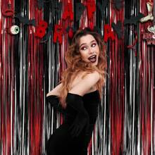 1 Pack Black Red Party Streamers Backdrop - GREATRIL Foil Fringe Tinsel For Stranger/Friday Party/Halloween Party Decorations - 3.2ft X 6.6ft