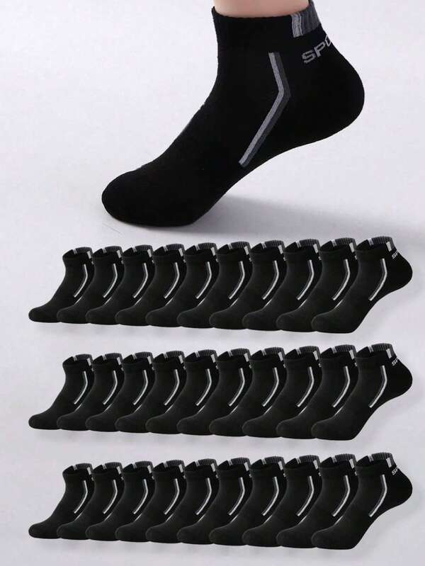 5/10/15/20/30 pares disponibles | Calcetines cómodos y transpirables para hombres - Rayas negras casuales con estampado de letras, adecuados para deportes y uso diario | Talla grande, ajuste holgado