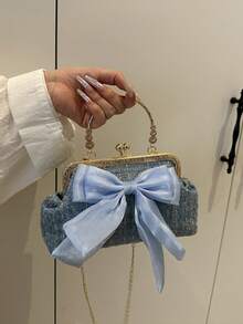 2025新款亮片链条晚宴手拿包，时尚奢华女士手提包、单肩包、斜挎包，纯色夹扣链条托特包（花卉图案随机分布），亮片 - 藍色 - 查看 3