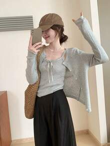 2 件灰色吊带背心和针织开衫套装，优雅修身女士上衣，秋季 - 灰色 - 查看 1