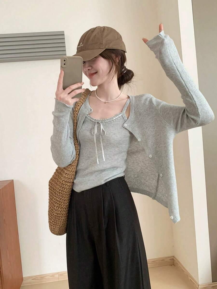 2 件灰色吊带背心和针织开衫套装，优雅修身女士上衣，秋季 - 灰色 - 查看 1