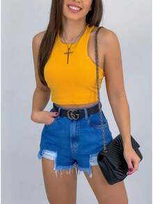 SIMPLE BASIC WOMEN'S CROPPED TOP PLAIN TANK TOP - 黃色 - 查看 2