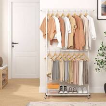Double Rod Clothing Garment Rack, Rolling Coat Hanger With Bottom Mesh, Clothing Rack For Hanging Clothes, Coats, Skirts, Sweaters, White - With mesh + Gold - View 6