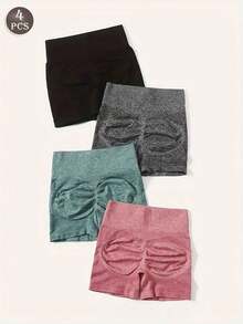 4 piezas de shorts de yoga de cintura alta cómodos que levantan el trasero para mujeres - Negro+Verde+Rojo+Gris - Ver 2