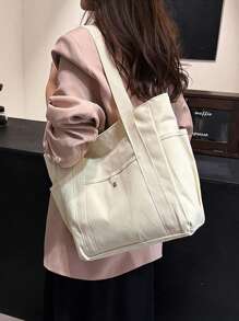 女士多口袋手提包帆布包带手柄包大容量钱包可重复使用手提包，帆布手提包，非常适合日常使用和旅行，学生手提包，多个隔层，非常适合海滩、学校、工作和日常使用，青少年文学书包，女士或学生书包，非常适合书籍、购物、返校等