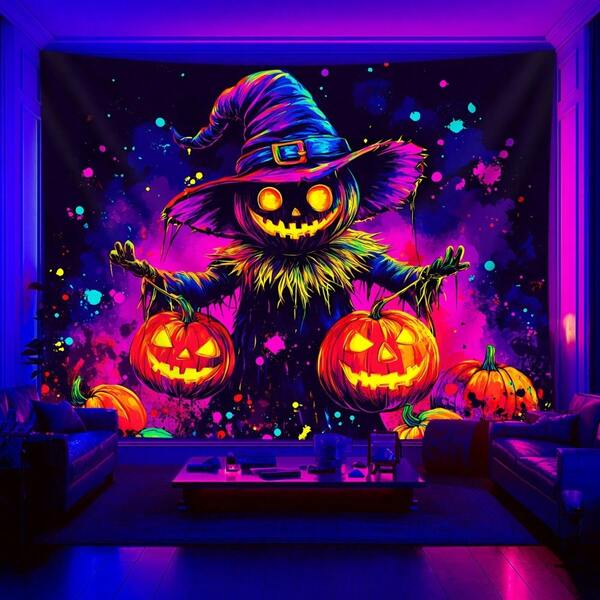2D 1pc Glow-In-The-Dark Pumpkin Tapestry - UV Reactive Fluorescent Wall Decor With Whimsical Witch Hat Design, Large Peach & Beige Fabric For Halloween Party Decoration, Bedroom & Living Room Wall Art (No Installation Required), Halloween Home Decor, Holiday Room Accents, Geometric Pattern Decoration, High-Quality Printing, Designer Interior