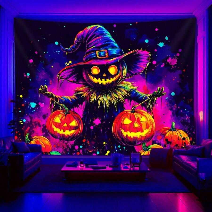 2D 单件夜光南瓜挂毯 - UV 反应荧光墙饰，带有异想天开的女巫帽设计，大号桃色和米色面料，适用于万圣节派对装饰、卧室和客厅墙壁艺术（无需安装）、万圣节家居装饰、节日房间装饰、几何图案装饰、高品质印刷、设计师内饰 - 1PCS - 查看 1