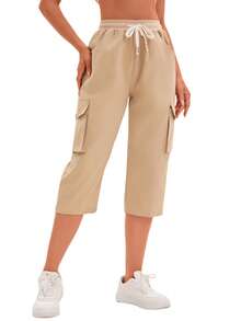 2025 年夏季女士时尚实用七分裤，带松紧腰带和口袋，休闲街头服饰