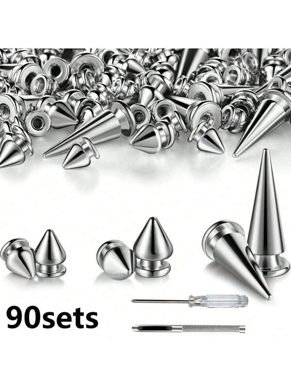 90pcs Multi-Size Cone Spike Screw Back Studs Rivets, Metal Bullet Cone Studs Suitable For Punk Style Clothing Accessories DIY Crafts Decoration, Silver/Black
