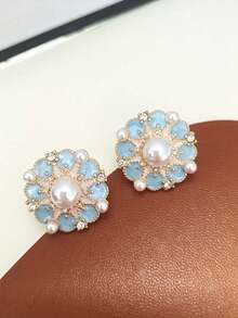 Vintage French Style Blue Enamel Flower Earrings With Imitation Pearls, Elegant Daily & Party Wear, All-Season Accessory - 藍色花朵耳環 - 查看 2