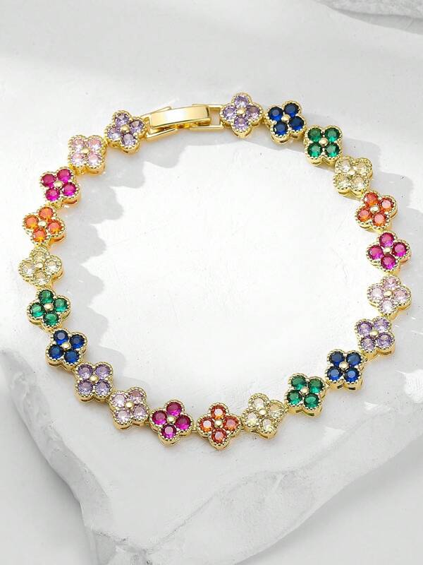 1pc Fashionable Four-Leaf Clover Colorful Copper Zirconia Bracelet For Men, Punk Style Bracelet, Suitable For Men's Daily Wear, Summer , Gift For Friends