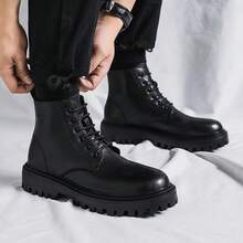 Chunky Sole High-Top Lace-Up Boots,  Streetwear Style Footwear With Durable Upper & Thick Non-Slip Outsole, Fashionable Casual Ankle Boots For Daily Wear & Urban Outfits - màu đen - Xem 6
