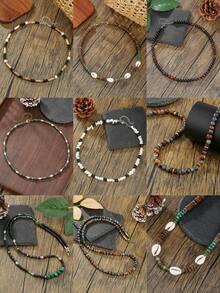 1 件男士复古做旧绿松石贝壳和宝石串珠项链，天然椰子冲浪者项链颈链礼物 - 彩色 - 查看 12