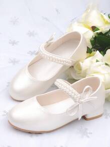 Girls Pearl Princess Shoes, White Leather Shoes, Mid-Heel, Spring/Autumn