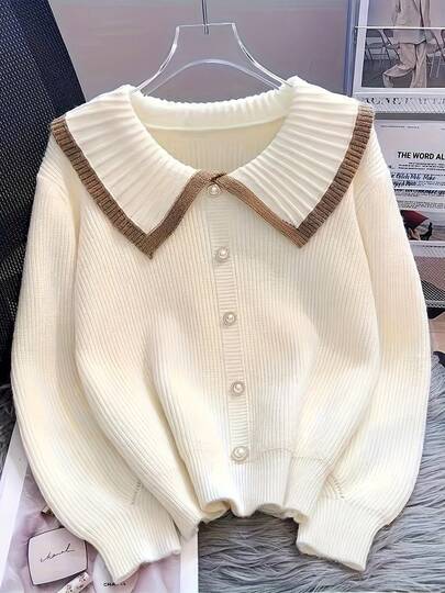 Women's New French Style Round Neck Sweater, Fashionable Pearl Embellished, Brown Trim Design, Stretchy Long Sleeve Pullover, Versatile For Casual Or Formal Wear, Spring/Summer/Autumn