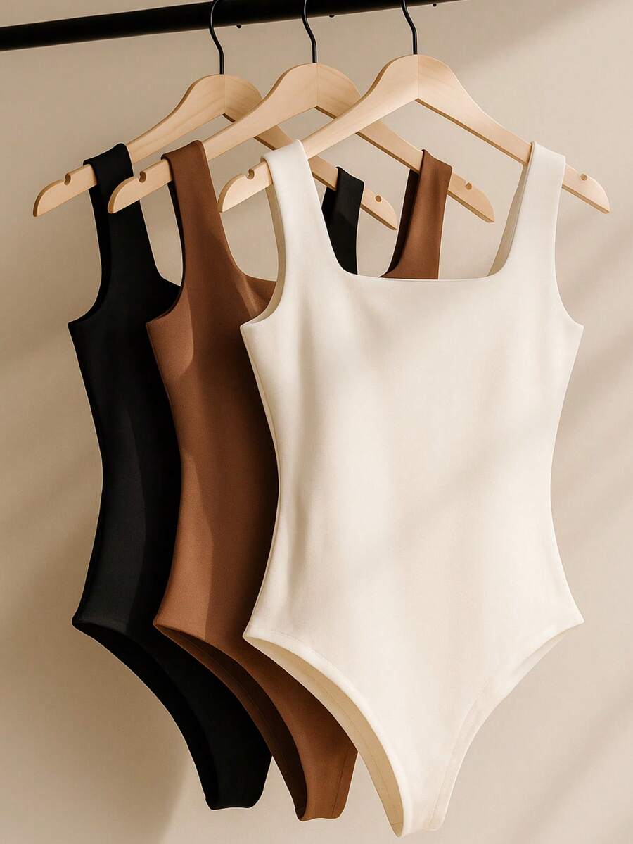 Kit 3 Body Bory Bori Women's Jumpsuit Square Neck Tank Top Thick Strap Winter Colors Suplex Double Layer Basic Travel Party Gift Beach Immediate Shipping Black Beige Brown Gray