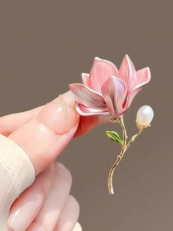 Elegant Magnolia Flower Brooch With Faux Pearl - Vintage Style Pink And White Floral Pin, Suitable For Parties, Gifts, Apparel Accessories, Floral Decorations