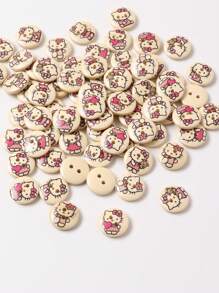Sanrio 100pcs Hello, Kitty  15mm Wooden Buttons - Mixed Pack, Hello, Kitty Pattern, 2 Holes, Light Beige Natural Wooden Buttons For Sewing, Knitting, DIY Crafts And Clothing Accessories