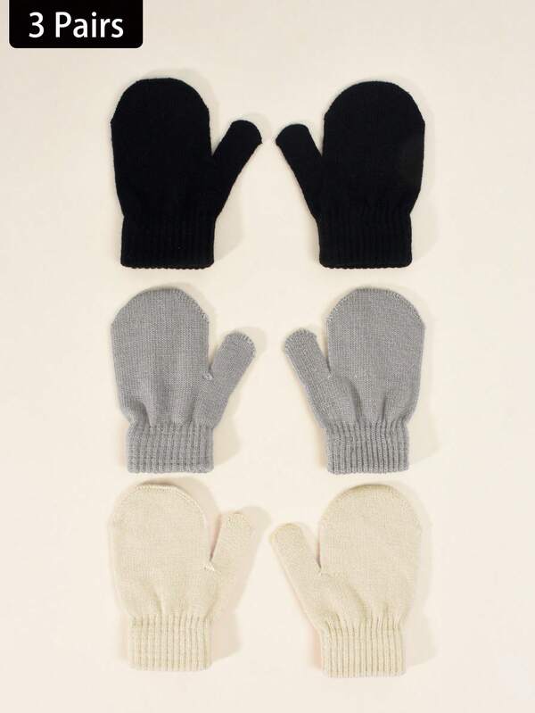 3 Pairs Baby & Kids Knitted Elastic Fingerless Gloves, Toddler Autumn/Winter Warm Mittens, Infant Anti-Scratch & Bite Gloves, Suitable For Daily Casual Wear And Outdoor Cold Protection