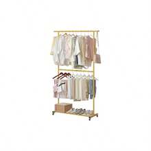 Double Rod Clothing Garment Rack, Rolling Coat Hanger With Bottom Mesh, Clothing Rack For Hanging Clothes, Coats, Skirts, Sweaters, White - No mesh + Gold - View 2