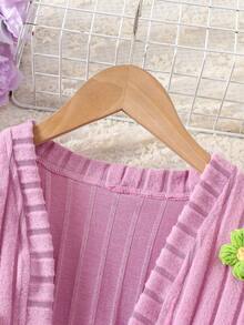 2pcs Autumn/Winter Floral Knitted Cardigan + Bodycon Slip Dress Set, Soft & Comfortable, Fashionable Casual Outfit For Young Girls - Purple - View 4