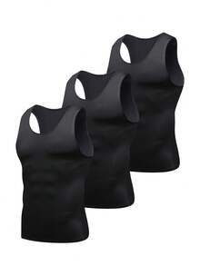 3件套男士黑色塑身背心紧身背心牛奶丝弹力舒适户外运动训练跑步篮球足球运动打底背心速干吸汗透气穿着舒适春夏礼物 - 黑色 - 查看 1