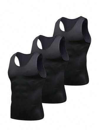 3PCS Men's Black Shapewear Vest Tight Vest Milk Silk Elastic Comfortable Outdoor Sports Training Running Basketball Football Sports Base Layer Vest Quick Dry Sweat Wicking Breathable Wearing Comfortable Spring And Summer Gifts