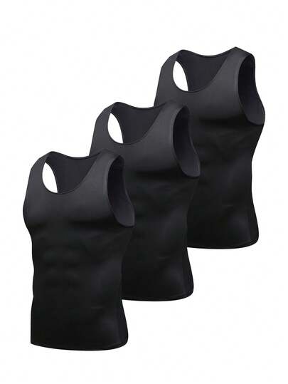 3pcs Men's Black White Grey Compression Tank Tops, Milk Silk High Elastic Fabric, Comfortable Skin-Friendly, Suitable For Outdoor, Fitness Training, Running, Basketball, Football And Other Sports, Daily Fitness Compression Vest, Men's Abdominal Training Tank Top, Quick-Drying Breathable Sweat-Wicking, Spring Summer Outfit, Also Suitable As Gift