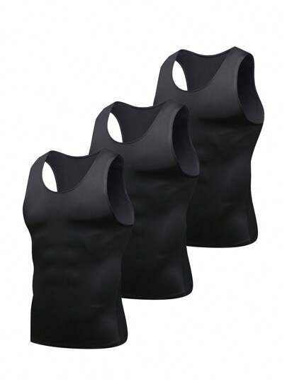 3PCS Men's Black Shapewear Vest Tight Vest Milk Silk Elastic Comfortable Outdoor Sports Training Running Basketball Football Sports Base Layer Vest Quick Dry Sweat Wicking Breathable Wearing Comfortable Spring And Summer Gifts