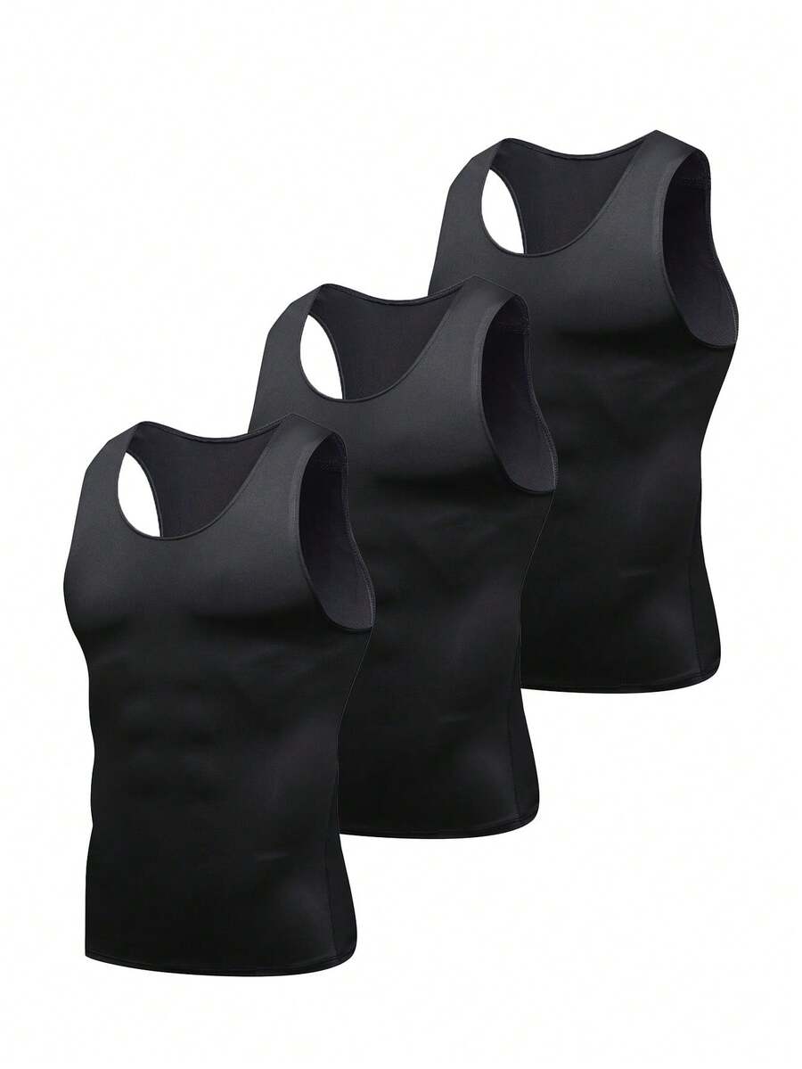 3件套男士黑色塑身背心紧身背心牛奶丝弹力舒适户外运动训练跑步篮球足球运动打底背心速干吸汗透气穿着舒适春夏礼物 - 黑色 - 查看 1