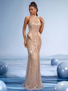 GIFORU Elegant Silver Sequin Prom Dress Halter Mermaid Gown Gold Beaded Wedding Dresses For Bride Women Sparkly Long Graduation New Year Party Dress - Khaki - View 10