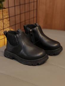 1 Pair Black Soft & Comfortable Elastic Fabric + PU Toddler/Kids Boots, Warm Lining, Round Toe, Soft Sole, Simple British Style, Suitable For Boys & Girls, Indoor/Outdoor, School, Autumn/Winter