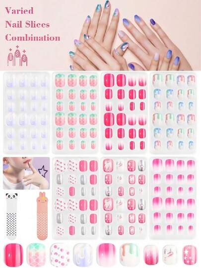 NAIO 168Pcs 7 Pack Press On Nails For Kids Children Fake Nails Stick On Nails Pre-Glue Full Cover Glitter Gradient Color Star Short Acrylic Nail Tips Nail Art Christmas Easter Gifts For 8-12 Year