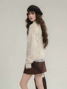 韩版甜美复古百搭撞色彼得潘领麻花针织开衫 - 燕麥色 - 查看 6