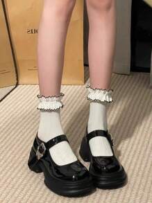 1 双时尚简约厚底青少年高跟乐福鞋，四季皆宜，金属蝴蝶扣带，适合户外活动、派对、通勤