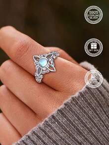 1 Stück S925 Sterling Silber Mondstein Hexenknoten Ring, Schmuck für Frauen, geeignet für tägliche Dekoration, Osterdekoration, Musikfestival Dekoration, Ostergeschenk, Weihnachtsgeschenk, Hochzeitsgeschenk, kommt mit Geschenkbox