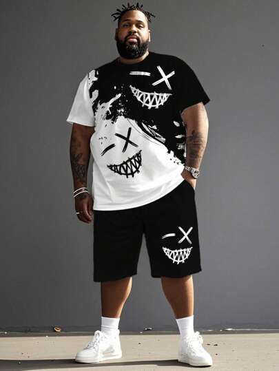 Conjunto de 2 piezas con estampado digital 3D para hombres, estilo callejero con bloques de color, camiseta y pantalones cortos casuales y transpirables con patrón gráfico, tallas grandes, conjunto de atuendos de verano cómodos