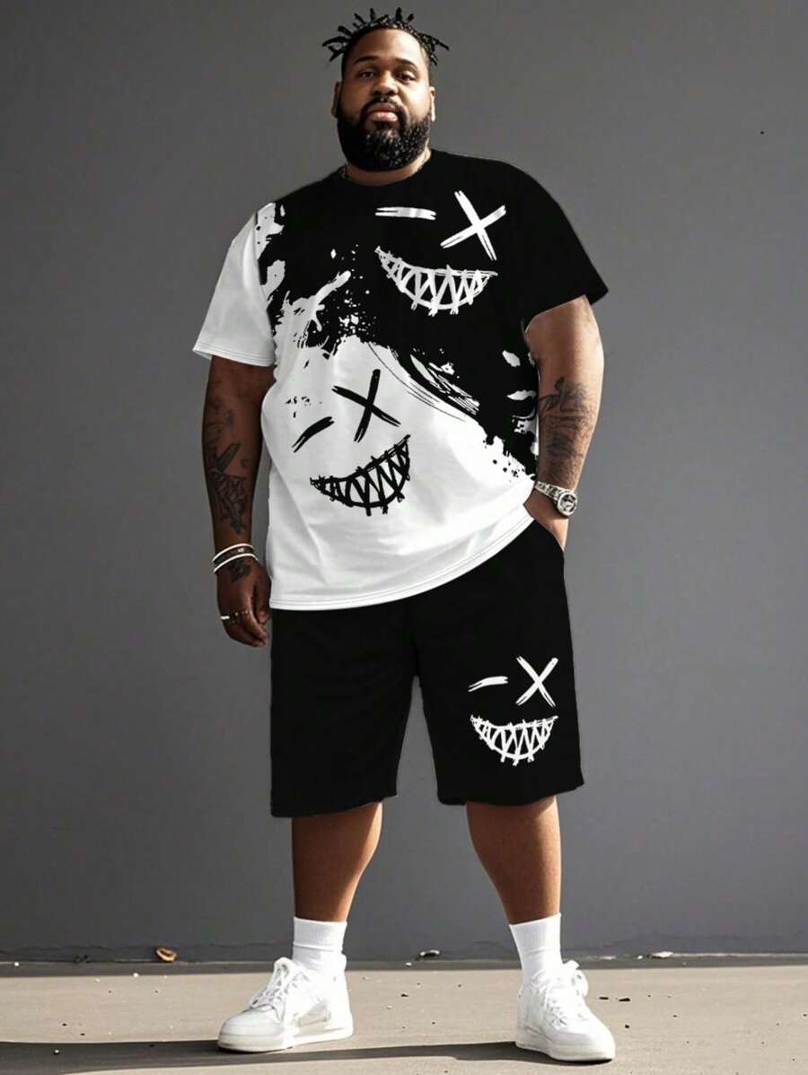 3D Digital Print Two Pieces Set For Men, Street Style Colorblock, Casual Breathable Graphic Pattern, Plus Size T-Shirt & Shorts Set, Summer, Cozy Outfits - Black - View 1