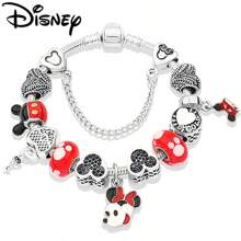Disney 1 Pc Red Crystal Animal Bead Bracelet Silver Plated Heart Key Mickey Mouse Minnie Pendant Cartoon Jewelry For Gift