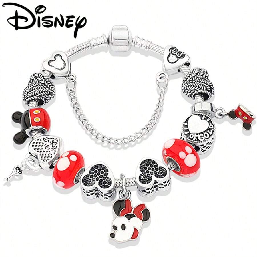 Disney 1 Pc Red Crystal Animal Bead Bracelet Silver Plated Heart Key Mickey Mouse Minnie Pendant Cartoon Jewelry For Gift