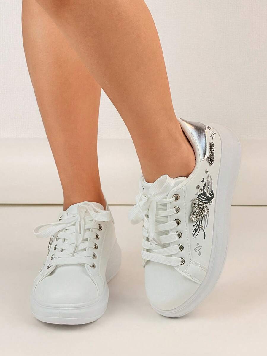 Lace-Up Casual Sneakers With Embroidered Design, Thick Sole, Unisex Athletic Shoes For All Seasons - Silver - View 1