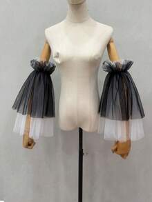 1 Pair Black & White Mesh Colorblock Petal Sleeve Arm Covers, Elastic Long Bridal Sleeve Covers - Multicolor - View 4
