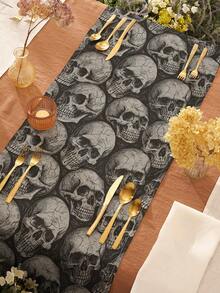 1pc Halloween Skull Print Linen Table Runner, Suitable For Holidays, Parties, Birthdays, Dinners, Kitchen & Dining Room Decor, Shoe Cabinet Cover, All Season Home Decor - Multicolor - View 12