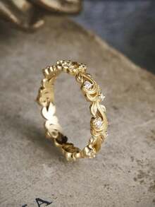 Vintage Elegant Cubic Zirconia Golden Ring For Women Wedding Engagement Promise Jewelry Full Eternity Stacking Wedding Band Daily Party Jewelry Gift For Her - 金的 - 查看 4