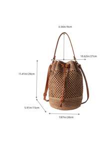Women's Vacation Bohemian Style Drawstring Straw Bucket Tote Shoulder Bag