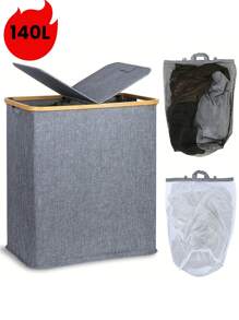 Large Capacity Laundry Basket With Lid And Handles, Portable, Removable Inner Bag, Bamboo Handle Clothing Basket, Suitable For Dorm, Bedroom, Bathroom Storage & Organization, Foldable Laundry Hamper, Recycling Bin, Classic Style, Multiple Components, Rectangular Shape, Fits Various Room Types, Laundry Basket - 1 - View 25