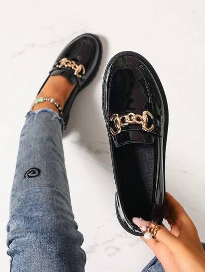 Black Leather Loafers For Women, Chunky Heel, Slip-On, Metal Buckle Decor, Glossy Finish, Casual Oxfords, Suitable For Spring, Autumn, All Seasons