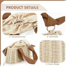 Rectangular Woven Straw Tote Bag - Women's Summer Beach Basket Purse |   Rattan Clutch Handbag, School Backpack - 米色 - 查看 7